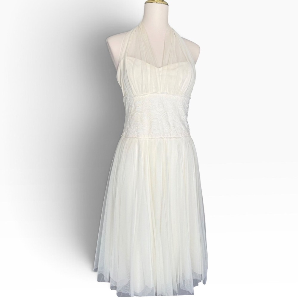 Vintage Y2K Fredericks Hollywood Ivory Corset Lace Tulle Halter Dress XS S